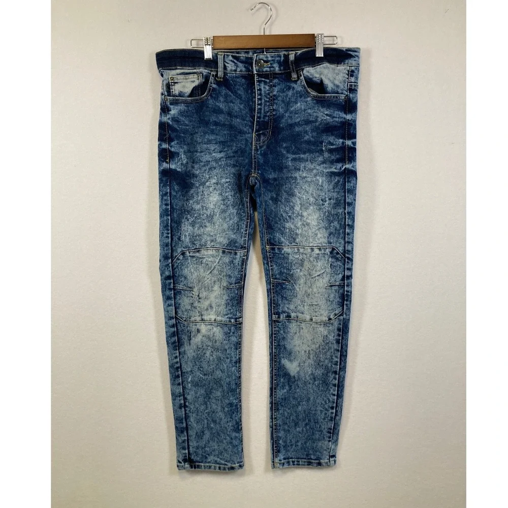 WT02 Men's Blue Acid‎ Wash Moto Jeans 34x30 RN 82628